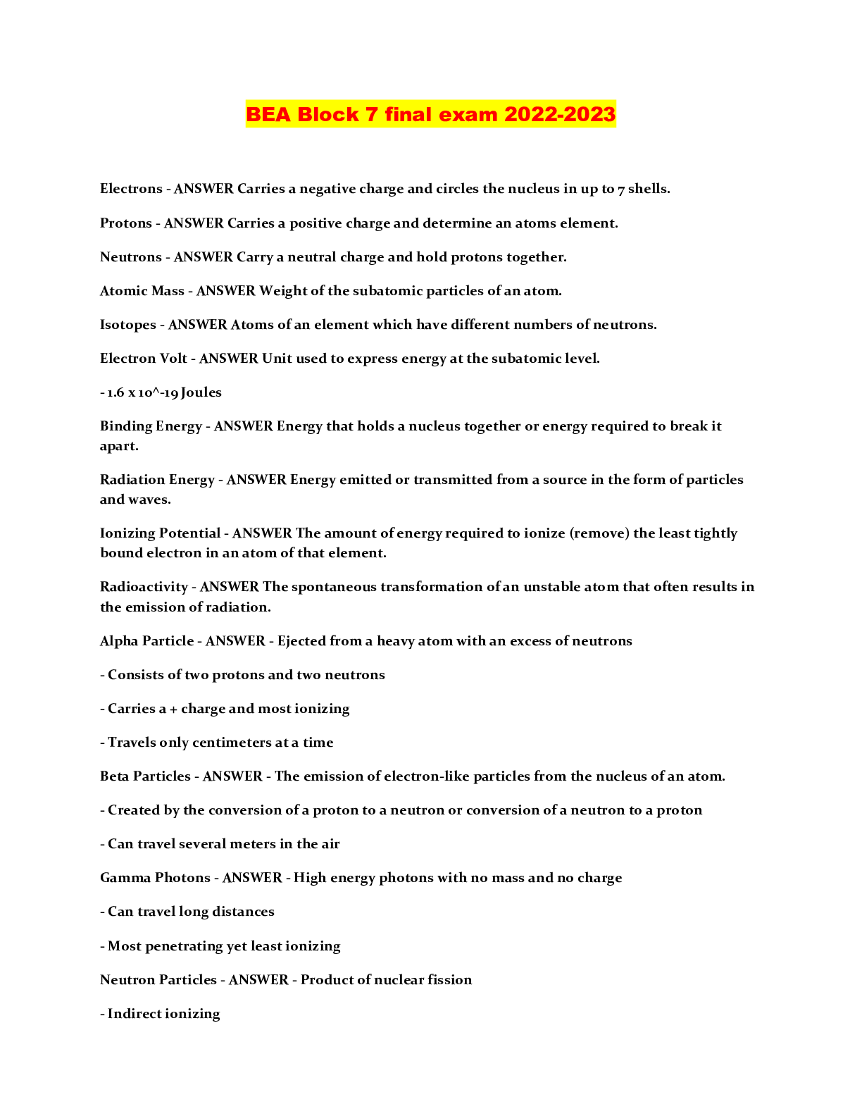 Preview image of BEA Block 7 final exam 2022-2023 document